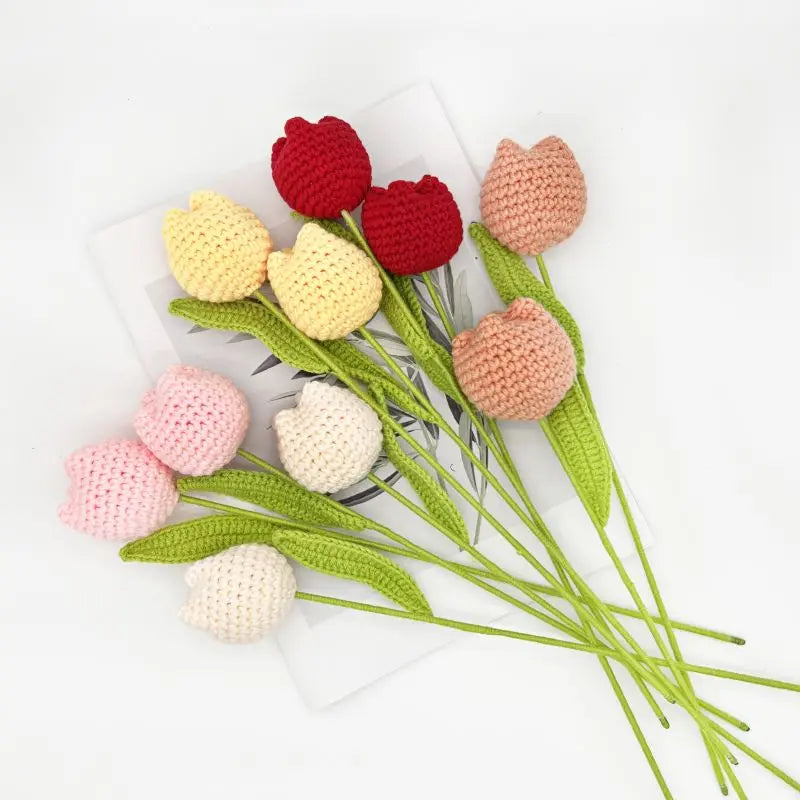 Knitting Crochet Chubby Tulip Artificial Flowers Bouquet Home Room Decor Wedding Table Decoration Accessories Mother's Day Gift