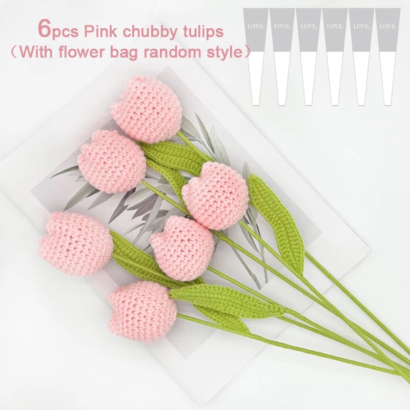Knitting Crochet Chubby Tulip Artificial Flowers Bouquet Home Room Decor Wedding Table Decoration Accessories Mother's Day Gift