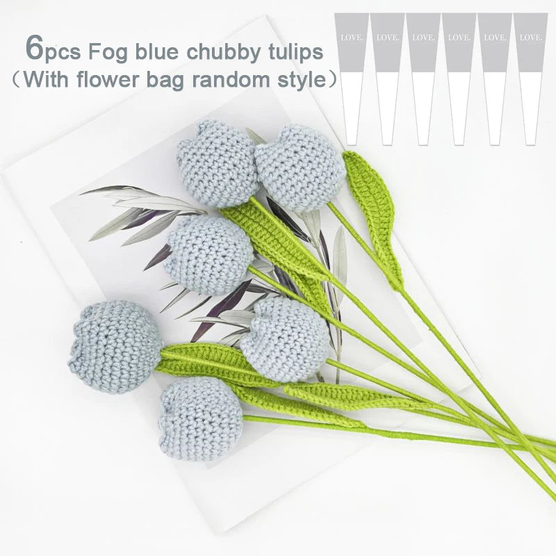 Knitting Crochet Chubby Tulip Artificial Flowers Bouquet Home Room Decor Wedding Table Decoration Accessories Mother's Day Gift