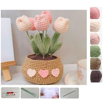 DIY Tulip Flowers Plant Potted Crochet Knitting Kit for Adults and Kids Crochet Starter Knitting Kit Handmade Crafts Lovers Sew