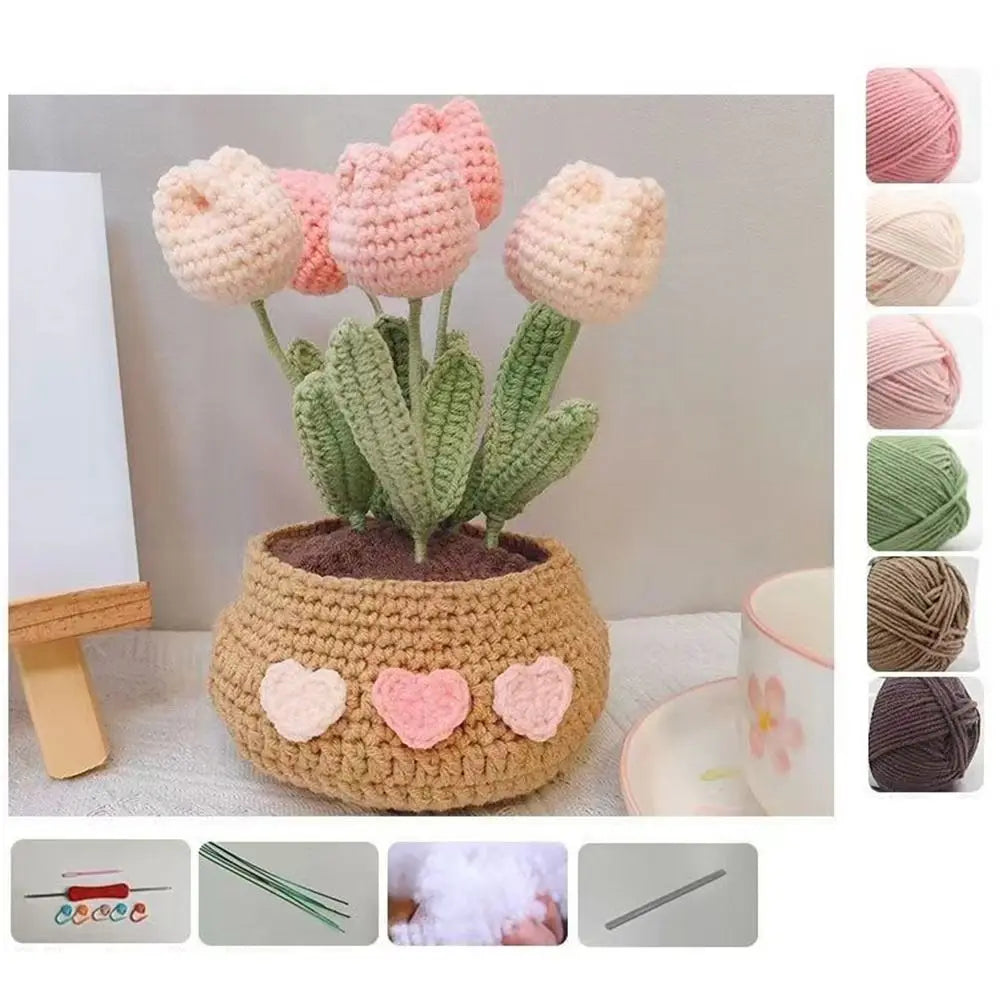 DIY Tulip Flowers Plant Potted Crochet Knitting Kit for Adults and Kids Crochet Starter Knitting Kit Handmade Crafts Lovers Sew
