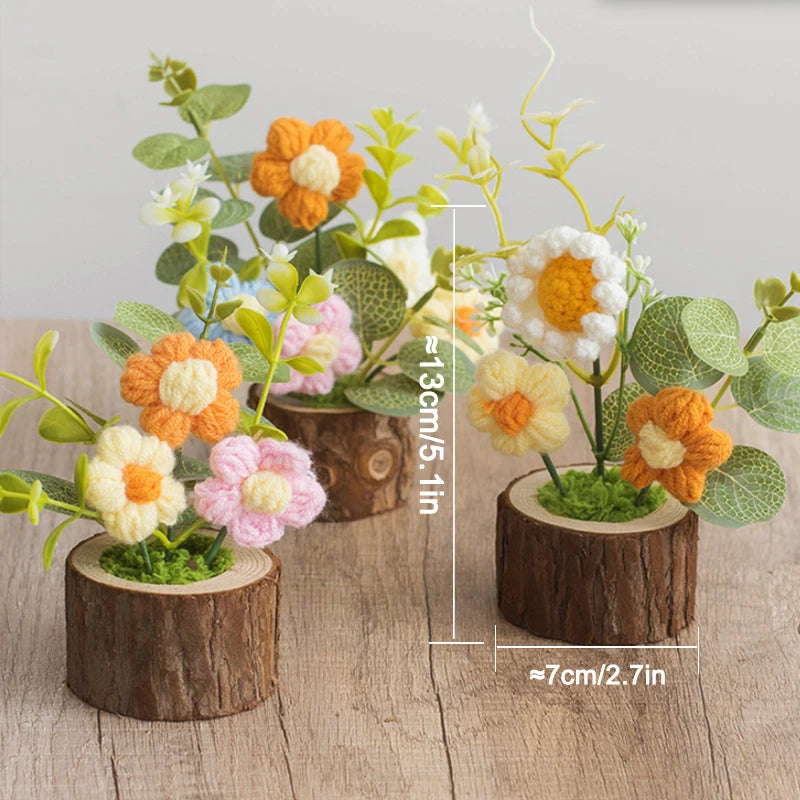 Crochet Flowers Car Ornaments Cute Knitting Flowers Potted Graduation Gift Hand-woven Potted Plants Car Table Home Decor