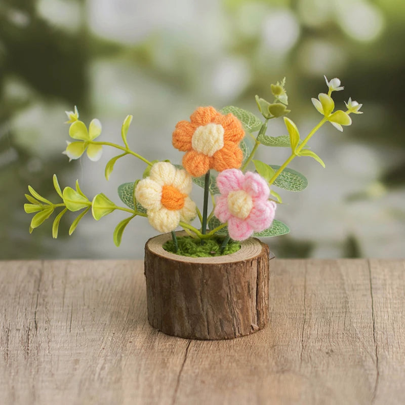 Crochet Flowers Car Ornaments Cute Knitting Flowers Potted Graduation Gift Hand-woven Potted Plants Car Table Home Decor